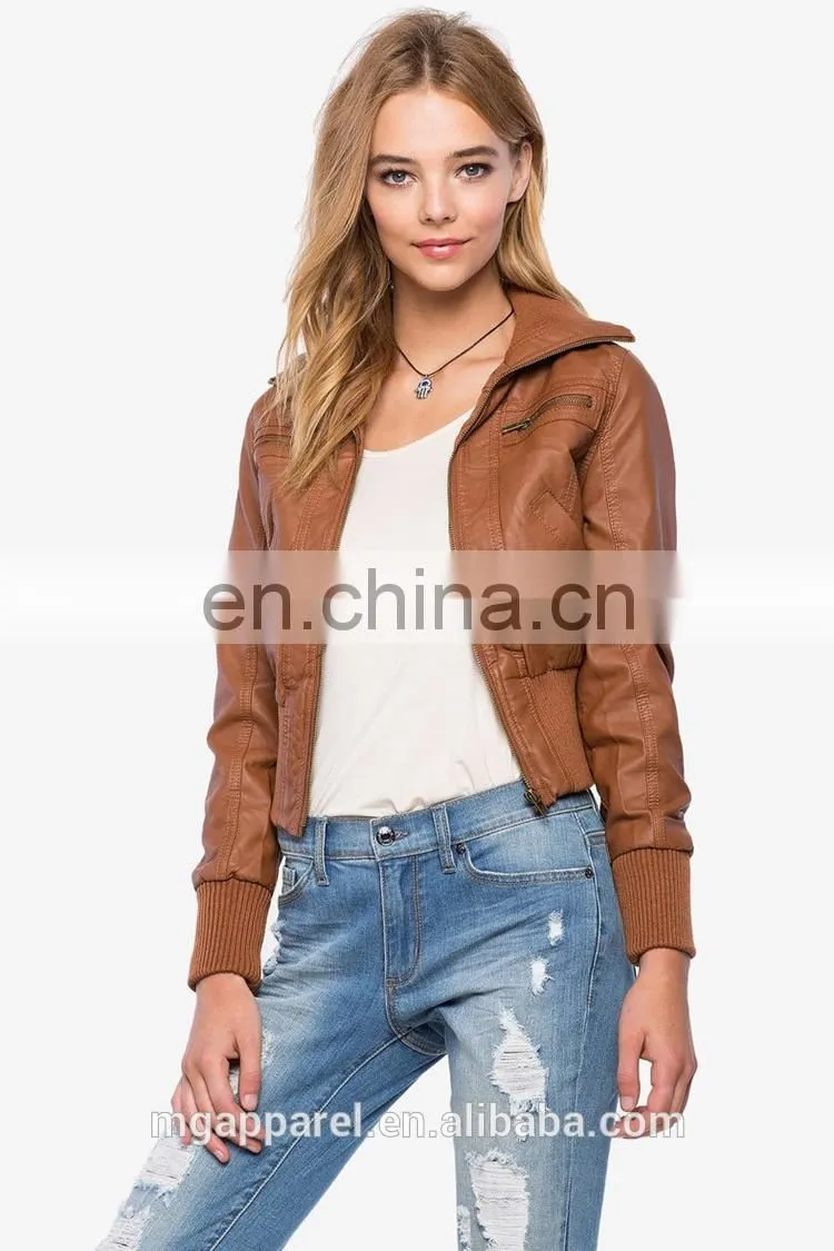 New fashion ribbed knit trim 100% PU leather bomber jacket for women