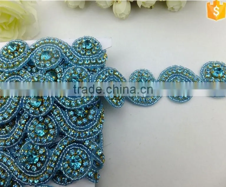 Blue Crystal Rhinestone Bridal Ribbon Belt Sash Applique Trim