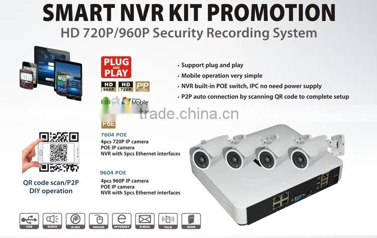 Cheap NVR Kits P2P IP Camera Full HD 720P Network Camera Onvif 4CH POE NVR Kits