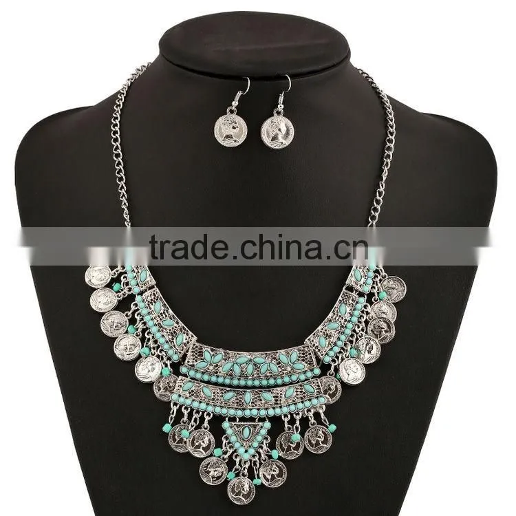 2016 Gypsy Bohemian Jewelry Set Vintage Turquoise Beauty Head Silver Coin Jewelry Set