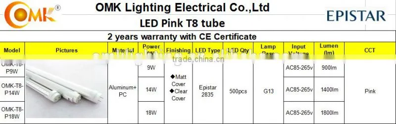 1800lm T8 Pink Aluminumand plastics g13 9W/14W/18W 2835 led Tube8