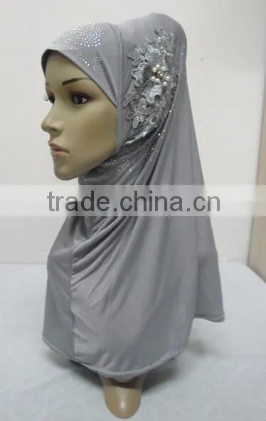 H299 latest one piece instant hijab with lace and rhinestones,muslim scarf