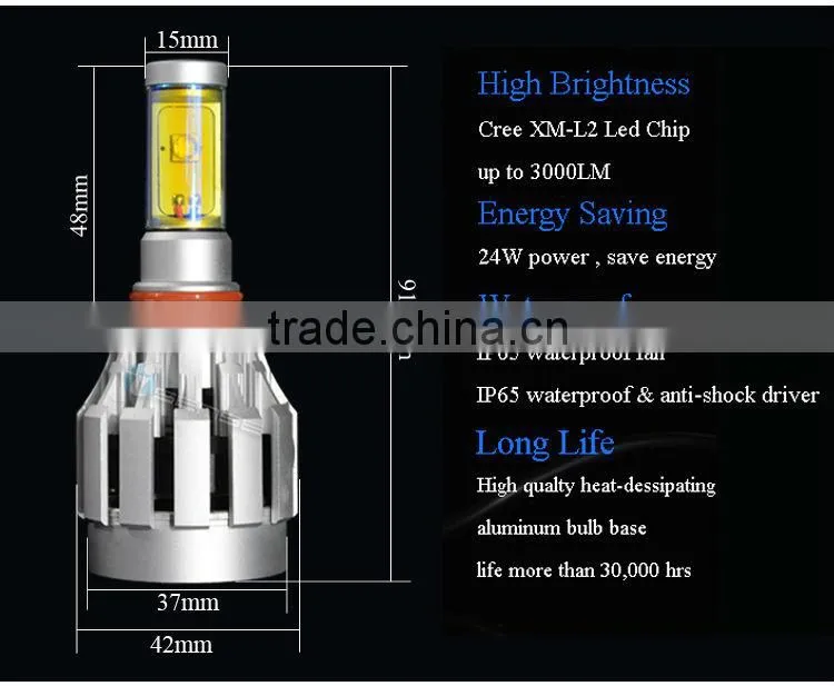 Car LED XM-L2 Headlight DC 12V 2000lm 9005 Headlight with Yellow Cover