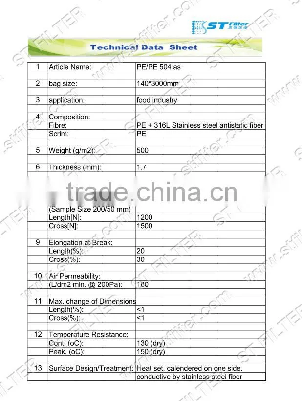 antistatic fiber dacron filter bag,dacron filter housing antistatic fiber,Dia140*3500mm