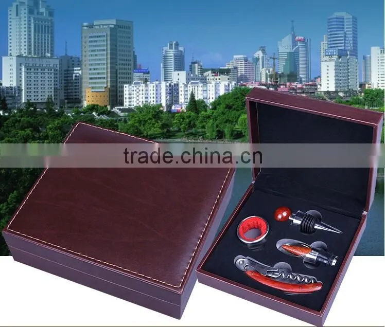 Factory OEM Supply Handmade Wine Tool Set with Leather Box, PU Leather Wine Accessories Gift Set Box