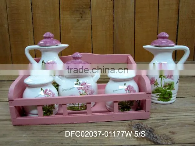 Embossed Ceramic Salt & Pepper Shakers + Oil & Vinegar Bottle + Sugar Jar Set with Wooden Stand