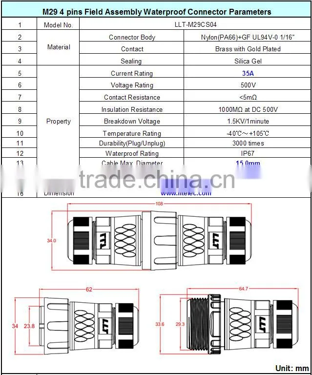 IP67 field assembly 4 pin screw terminal cable connector