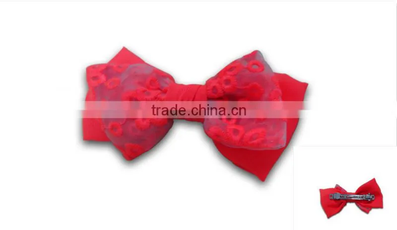 neon orange embroidered fabric double bow barrettes