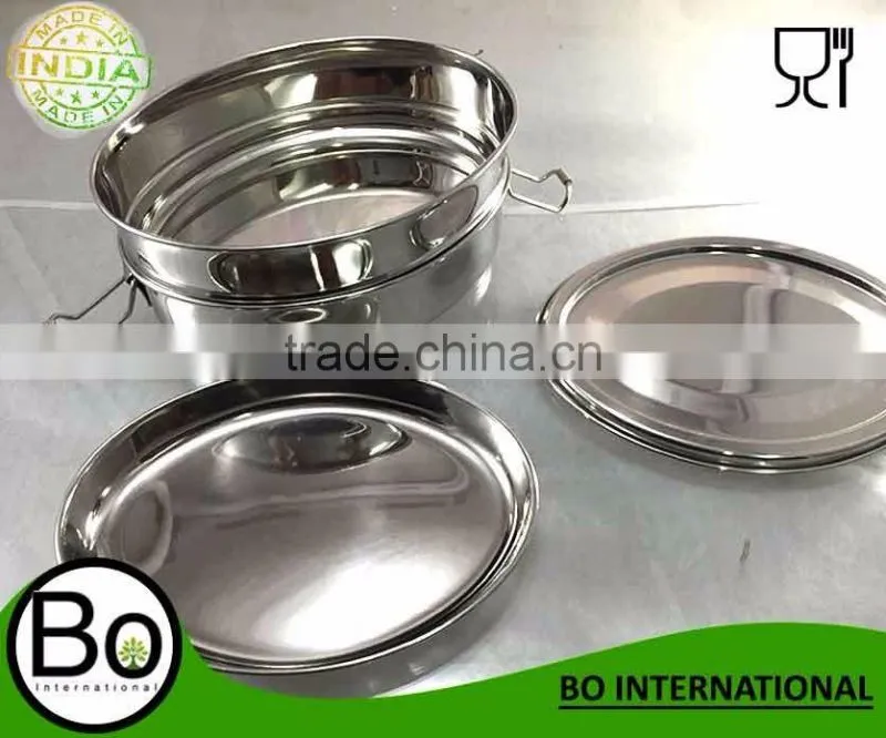 stainless steel oval bento lunch box three layer 17 x 12 x 8 cm