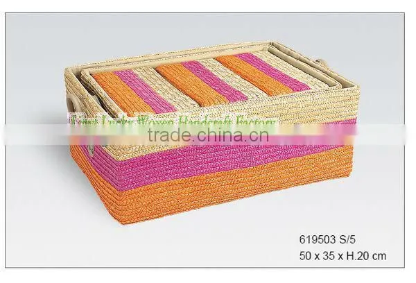 Cheap colored Rectangle straw storage basket with liner and handle