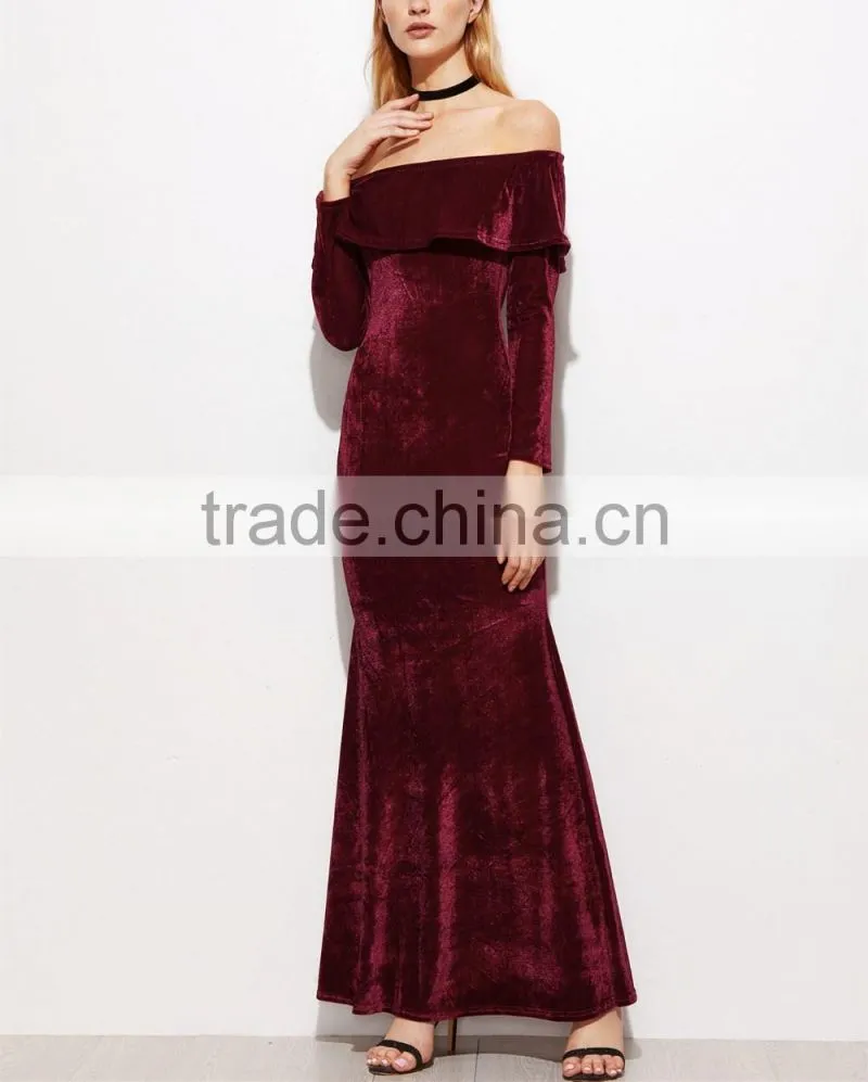 New Style Off the Shoulder Long Sleeve Flounce Layered Neckline Maxi Evening Dress Women New Sexy Fishtail Velvet Dresses