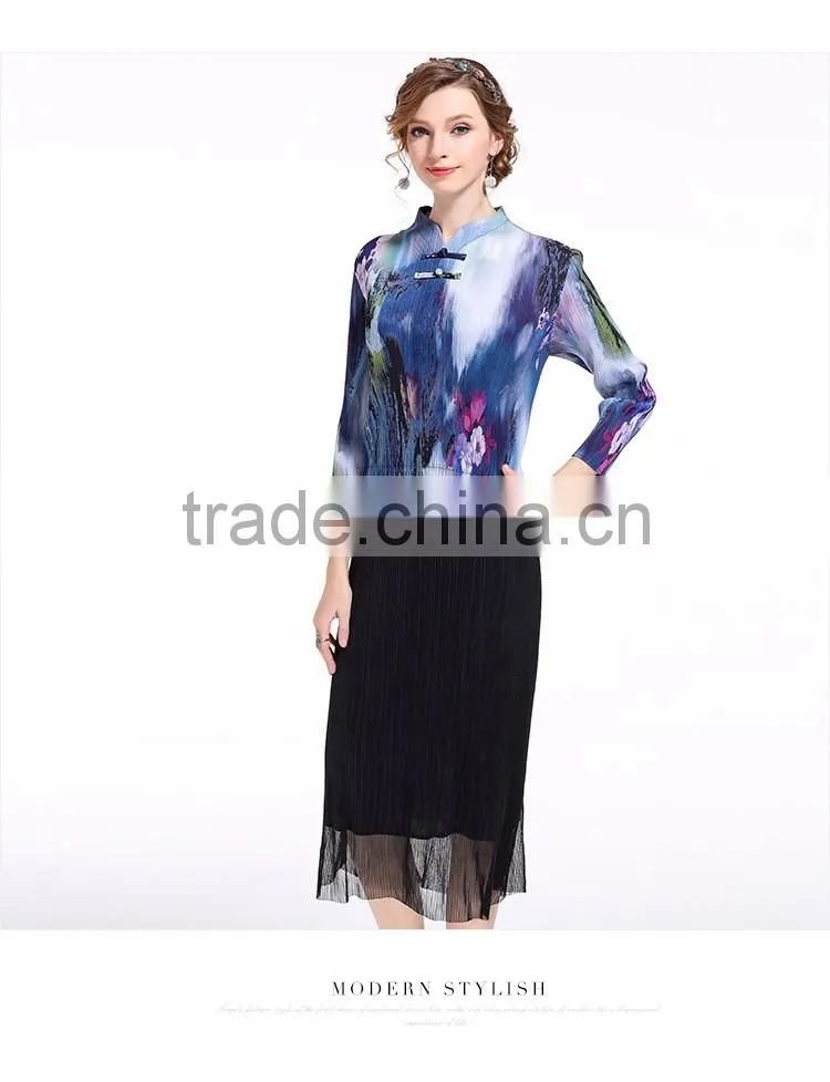 Chinese ink and wash panting double buttons for women folding dress