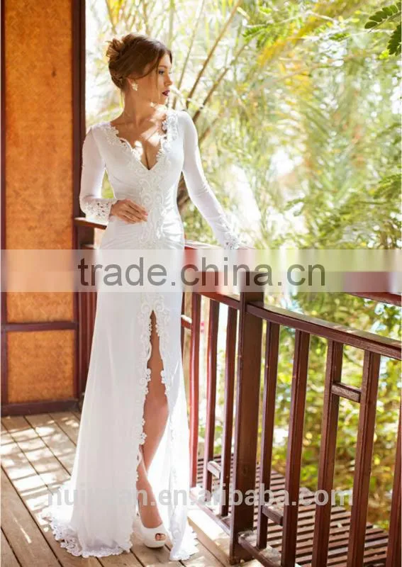 fashion long sleeve muslim sexy leg open wedding dress