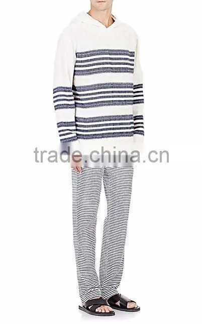 V-neck side on-seam pockets Pullover navy and orange mixed-stripe cotton-blend hoodies