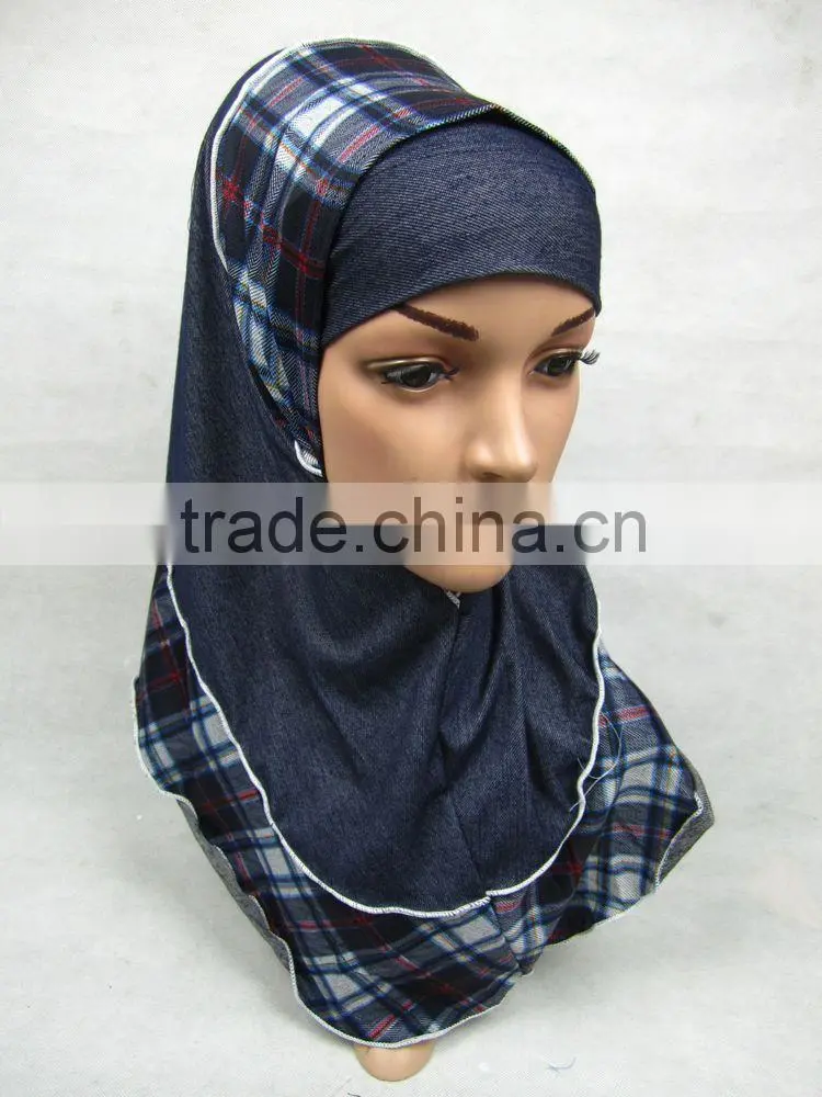 PT001 new Elastic Denim spring islamic scarf 2pcs hejab Two pieces muslim hijab