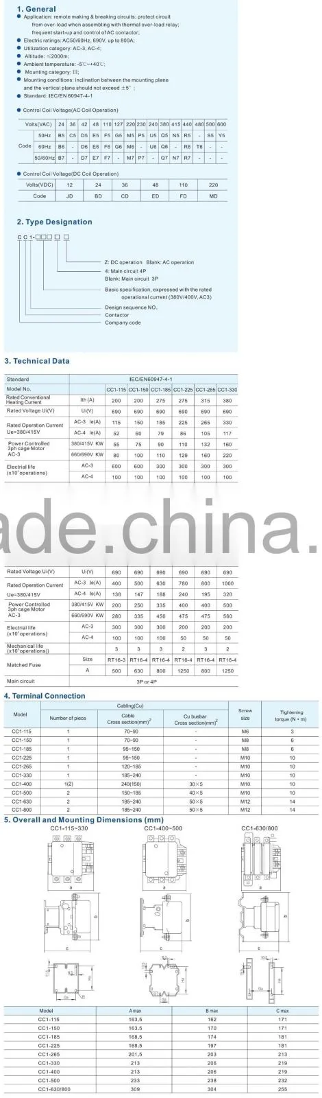 Industrial Controls AC Contactor CC1 Contactor Rated Conventional Heating Current 850A CC1-630