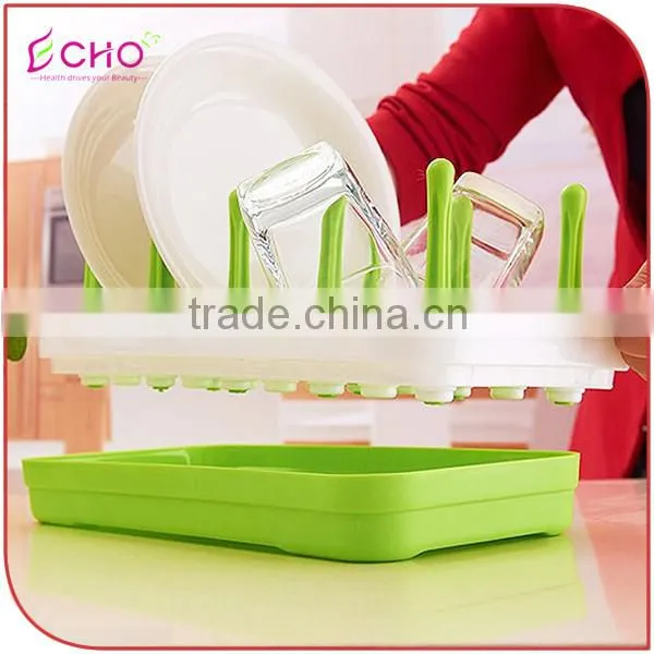 Kitchen Tableware Plastic Rectangle Green Draining Dish Rack for Water Cups and Saucers Holder