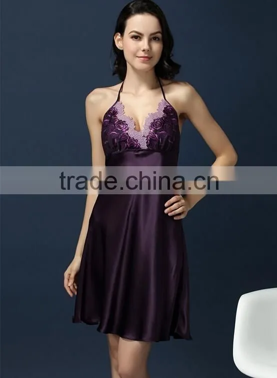 100%mulberry silk nightdress for lady, sexy lace embroider silk nightgown, soft and smooth silk lingerie