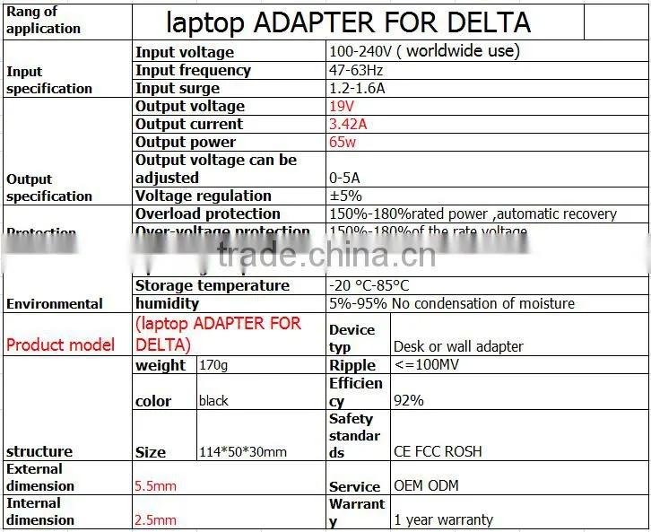 dc power adapter for DELTA electronics 19V 3.42A 5.5*2.5mm laptop AC adapter