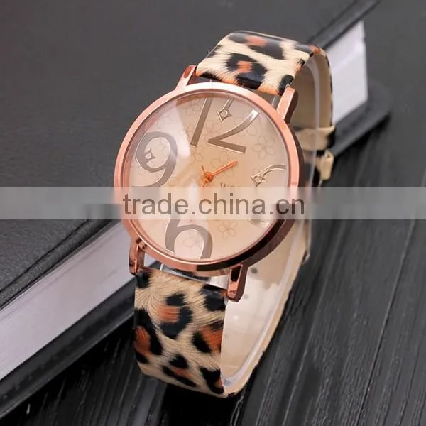 Latest Design Rose Gold Leather Leopard Watch For Women