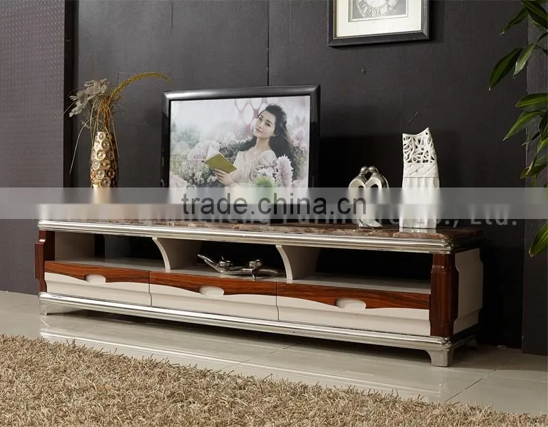 Fashion wooden led tv stand furniture with showcase marble top