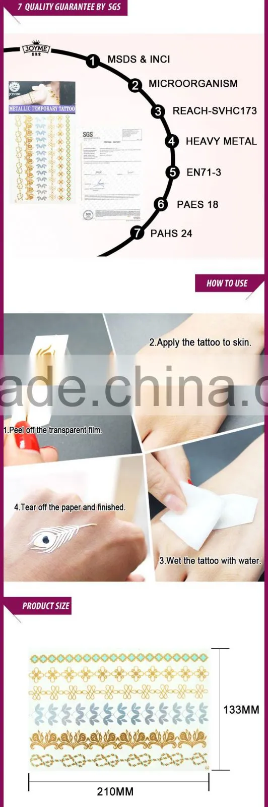 Fashion temporary metal gold and silver tattoo sticker good quality and price