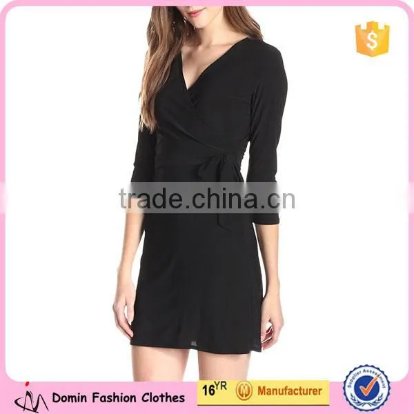 New Arrival Fashion Black Faux-Wrap Tie Waist A Line Ladies Dress