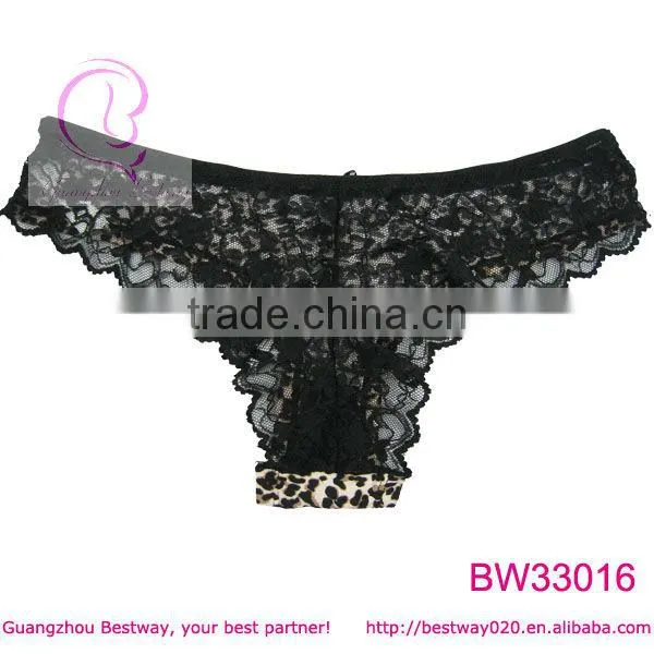 Sexy panty leopard printing black lace transparent back panty