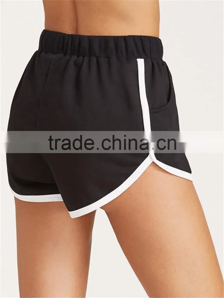 MGOO Black Drawstring Waist Contrast Binding Dolphin Shorts Sport Cotton Shorts Plain Hot Shorts