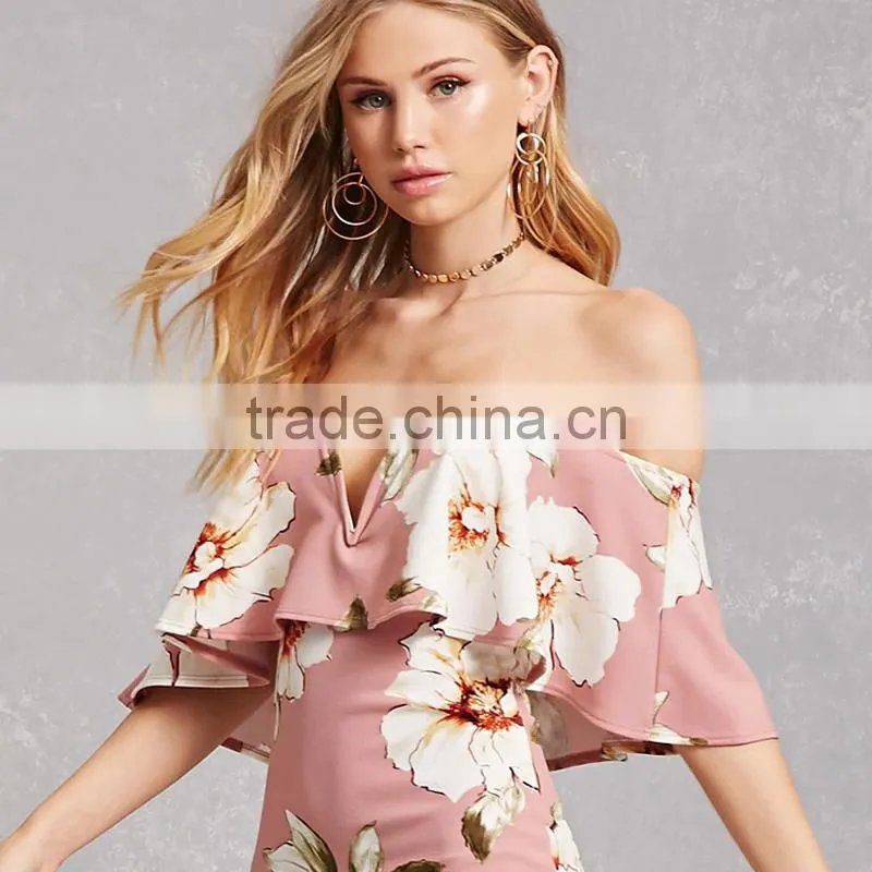 2017 splited neck and off-shoulder women printed sexy bandage dress