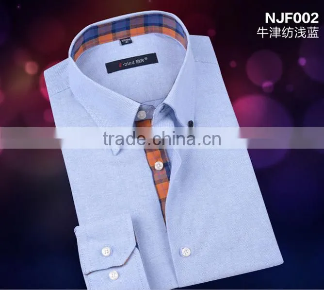 Oxford plaids placket blue solid color shirt for men contrast color button down design for boy fashionable shirt