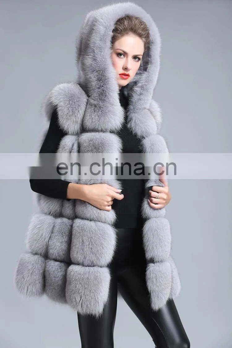2015 New Style Whole Leather Real Fox Fur Hood Long Style Vest Girl Gilet Beautiful Women Vest