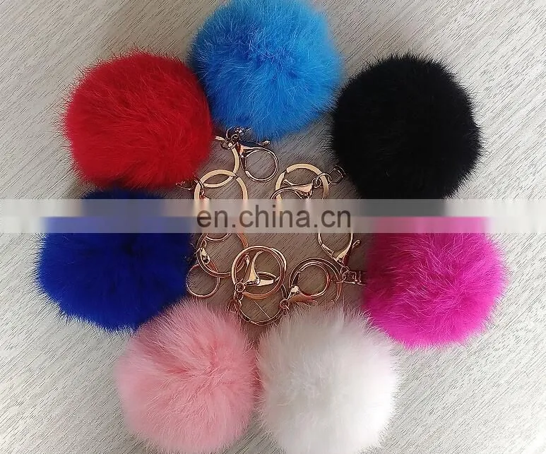 Factory wholesale diameter 6 7 8 9 cm cute real rabbit fur pom pom ball key chain