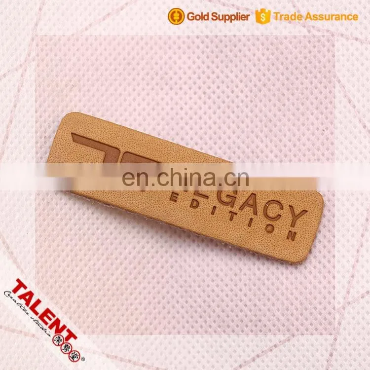 Custom Denim Hot Pressed Embossed Brand Name Genuine Brown Leather Label Patch