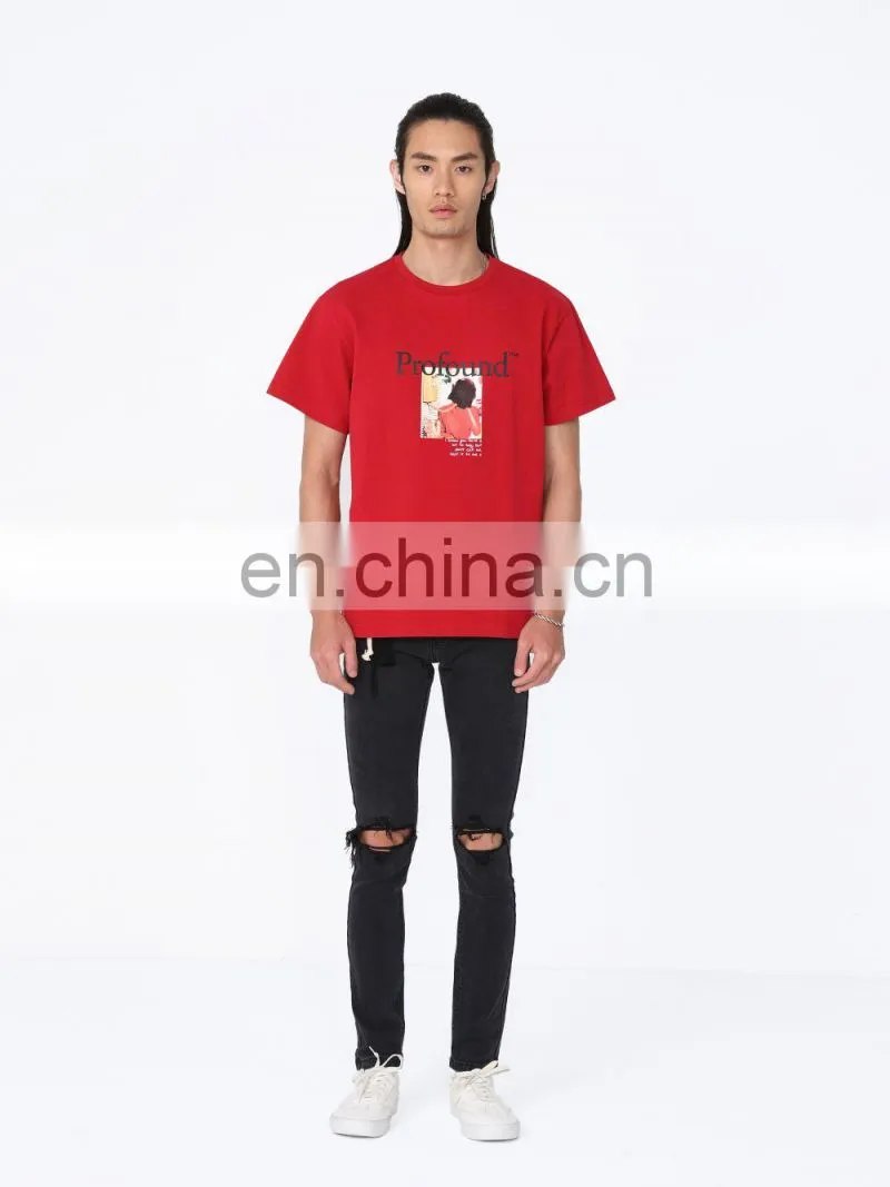DiZNEW 2020 European and American Mens Vintage pullover organic cotton t shirt red