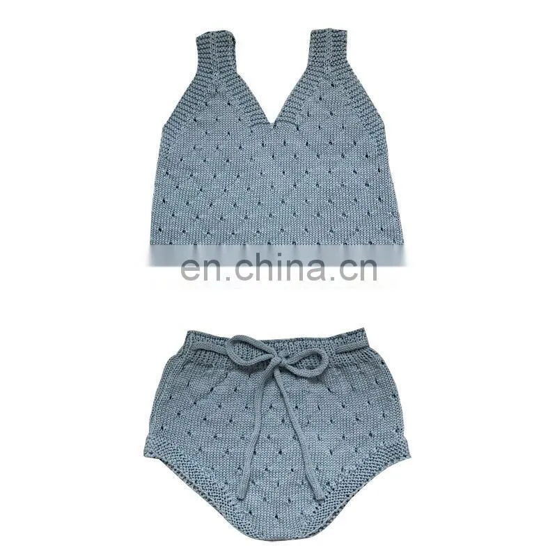 100% Cotton Knitted kid Girl knitted 2pcs set On Crop and short sets for knitted