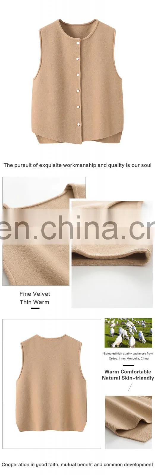 Inner Mongolia Erdos Casual Crew Neck Button Vest for Women Knitted Woolen Cashmere Tops with Embroidered Logo Outer Wear