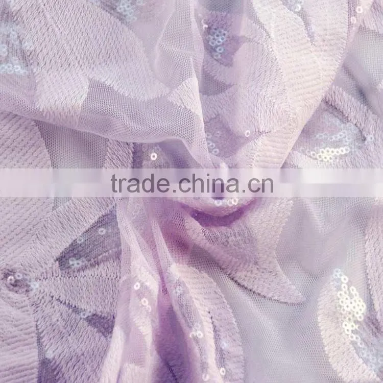 Hot Sale 2016 New purple and white qmilch polyester lace net embroidery sequin fabric design