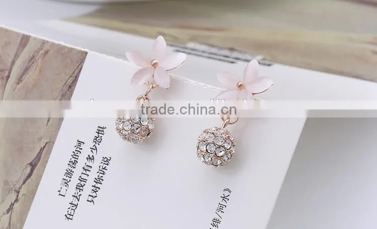 Pink Crystal ball drop Earrings Long Rhinestone Earrings Crystal Rhinestone Flower Dangle Earrings