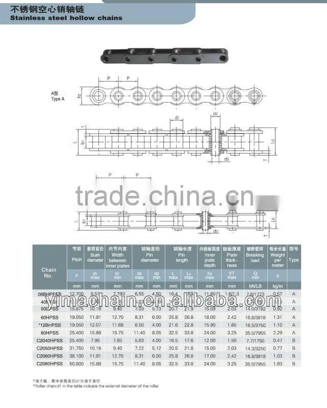 hollow pin stainless steel chains