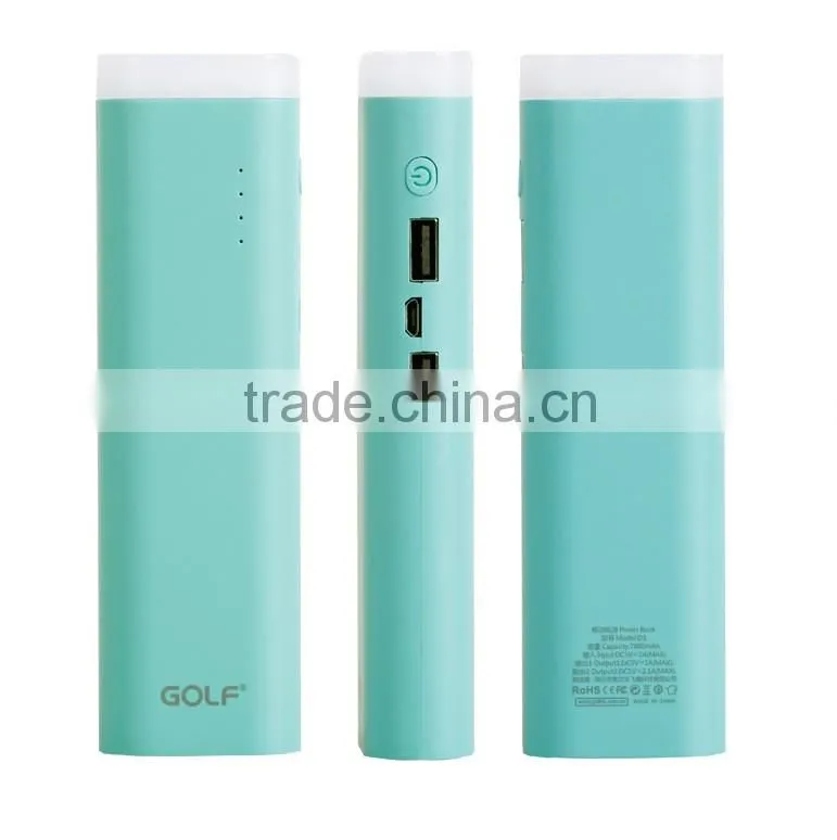 GOLF GF-D3 Lighthouse series 7800mah smart power bank 2.1A/1A 2 Port USB LED emergency light rounded power bank