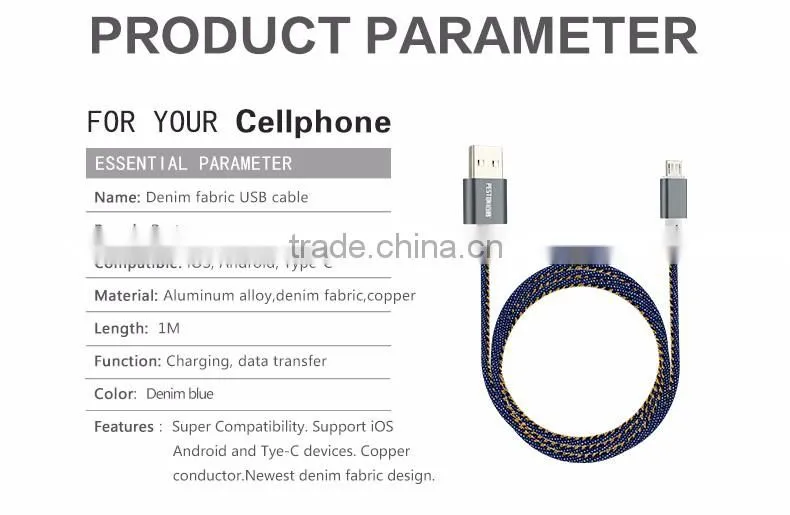 2016 Newest Denim Fabric Micro USB Cable Jean Metal Plug Data Charging cable for iPhone 6 6S Plus 5 5s Android Type C