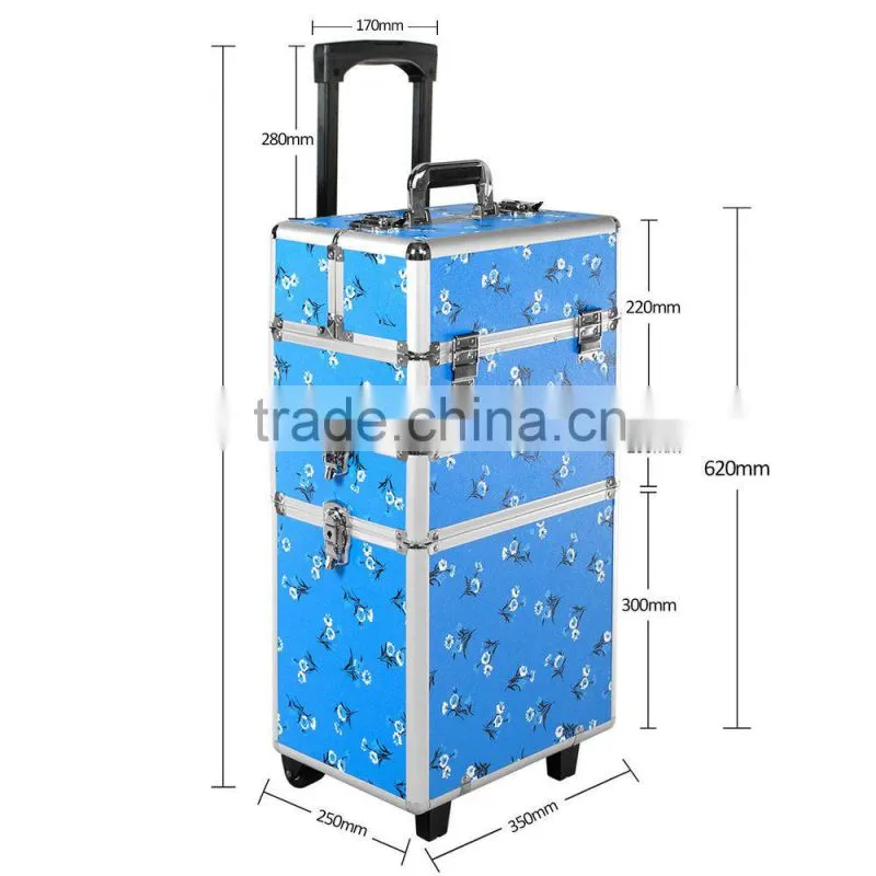 Aluminum 3-in-1 Blue Floral Makeup/Beauty/Hairdressing/Vanity Trolley/Box/Case