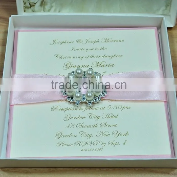 2016 newmengxing Elegant wedding invitation with pink ribbon and silver ribbon, can customize