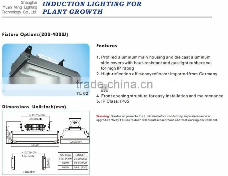 UL, ETL,CE,ROHS high pwer induction adjustable 400w grow lighting induction
