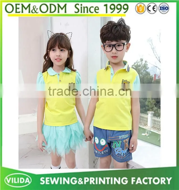 New design primary school uniform polo and skirt or shorts from china factory