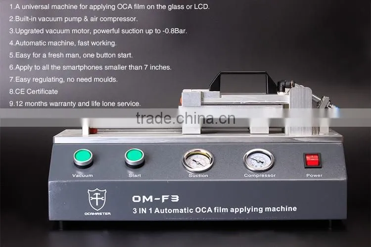 OCAmaster Universal 3 in 1 OCA Film Laminating Machine OM-F3 For LCD Refurbishing With Built-in Compressor & Vacuum Pump