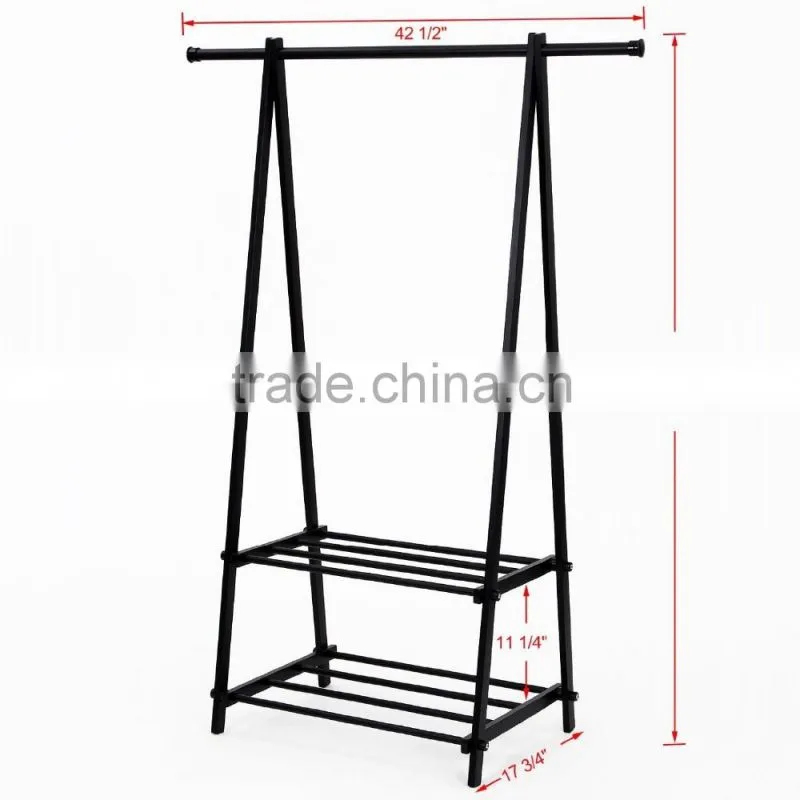 Black Metal Coat Hat Rack 2-tier Garment Drying Rack Clothes Shoe Organizer