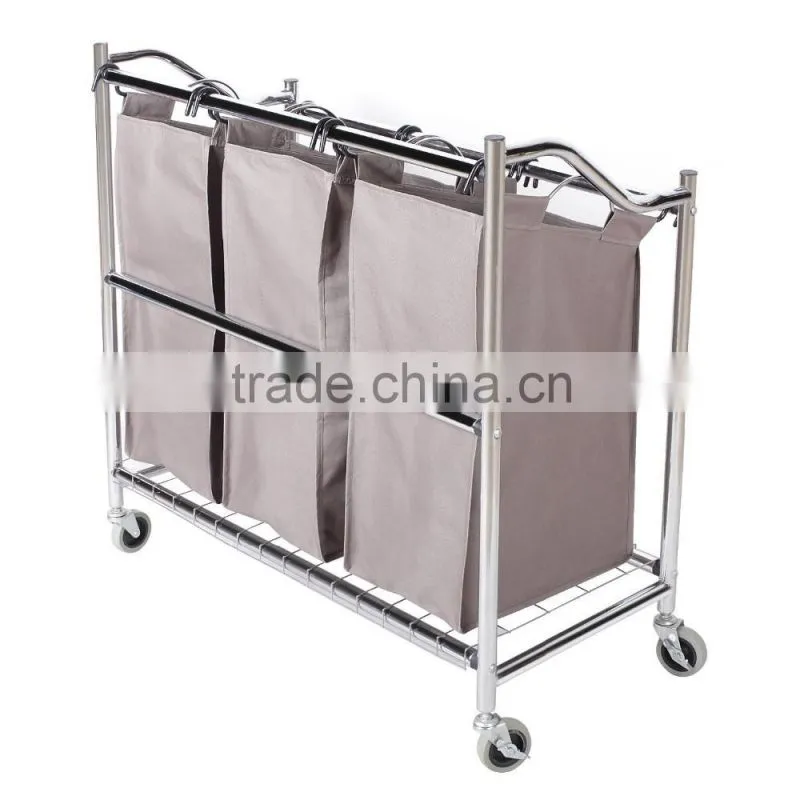 Silver Grey Coated 3-Section Heavy-Duty Steel Rolling Laundry Sorter/Cart