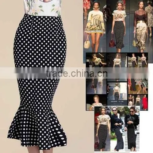 Fashion Women Polka Dot High Waist Midi Skirt Fishtail Hem Slim Pencil Skirt